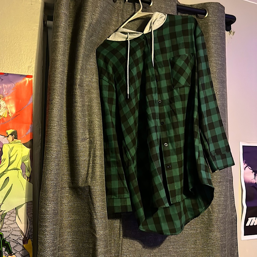 Flannel Button Up Drawstring Hoodie